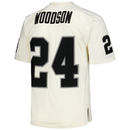 LV. Raiders #24 Charles Woodson Mitchell & Ness Chainstitch Legacy Jersey - Cream Stitched American Football Jerseys