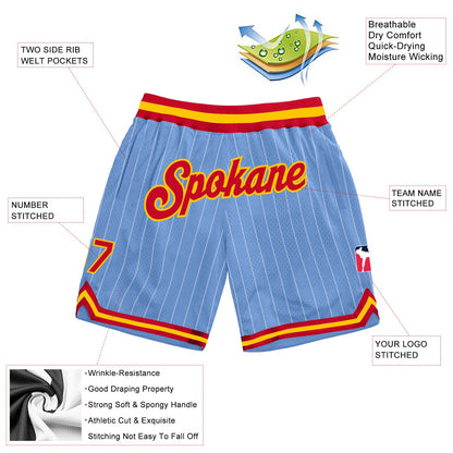 Custom Light Blue White Pinstripe Red-Gold Authentic Basketball Shorts