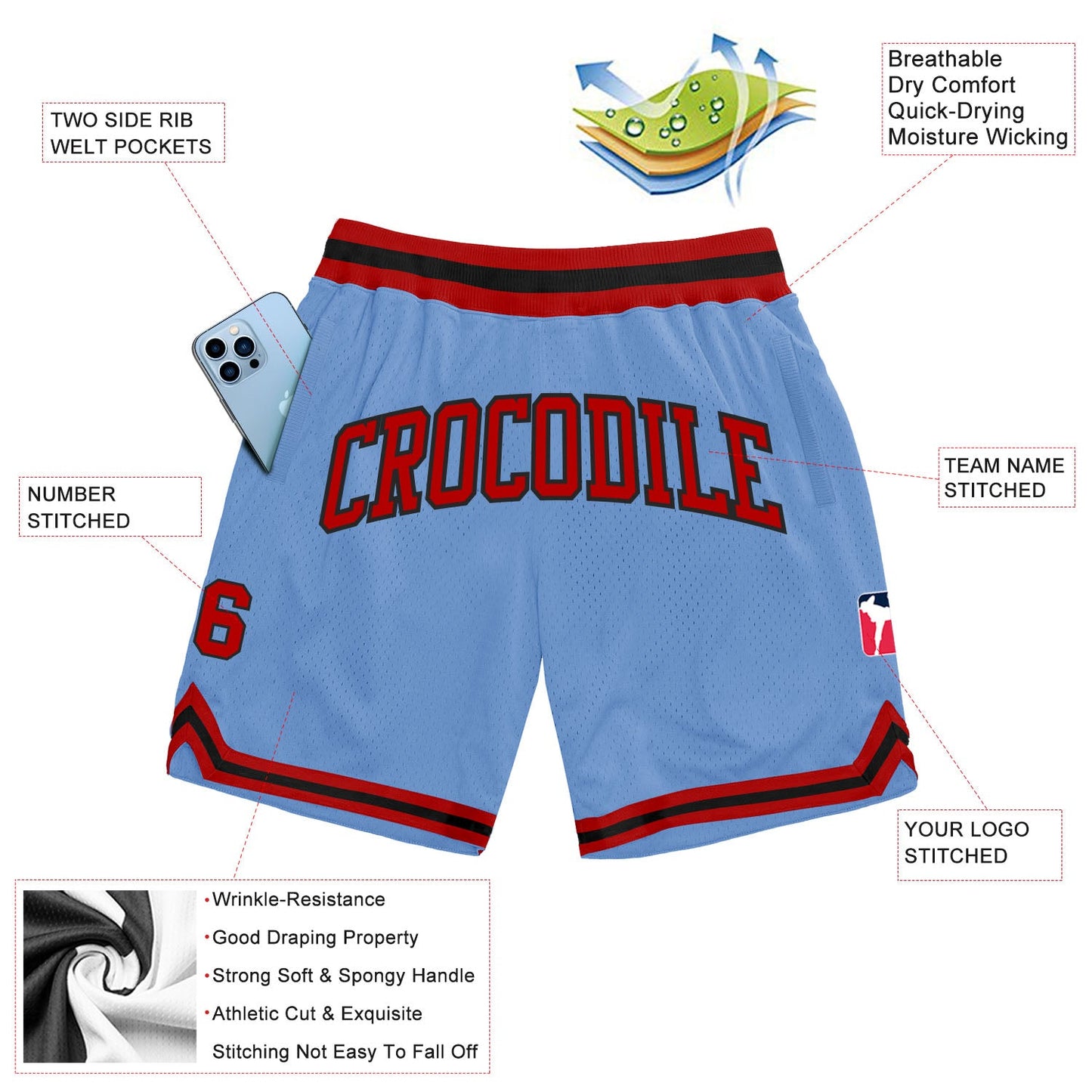 Custom Light Blue Red-Black Authentic Throwback Basketball Shorts