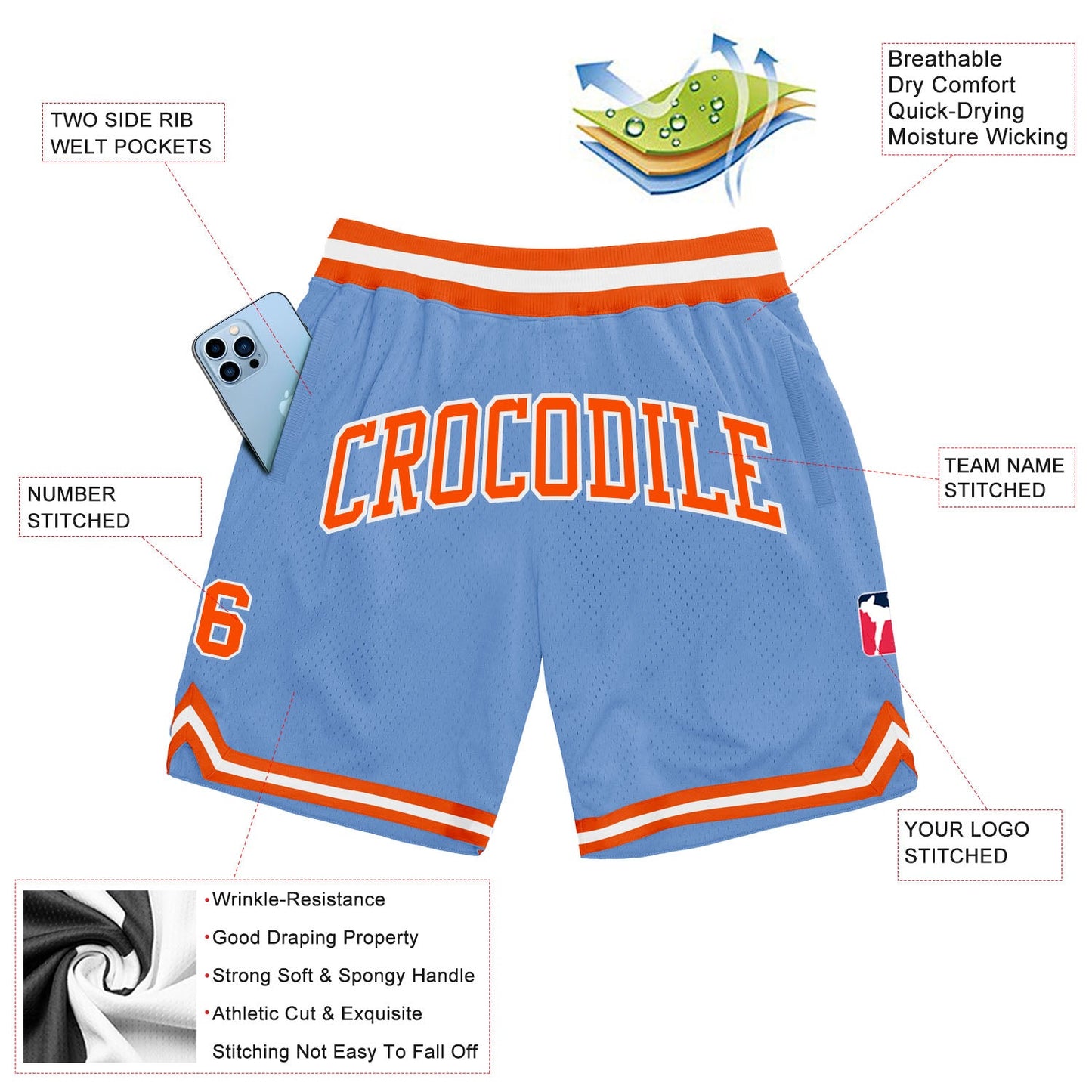 Custom Light Blue Orange-White Authentic Throwback Basketball Shorts