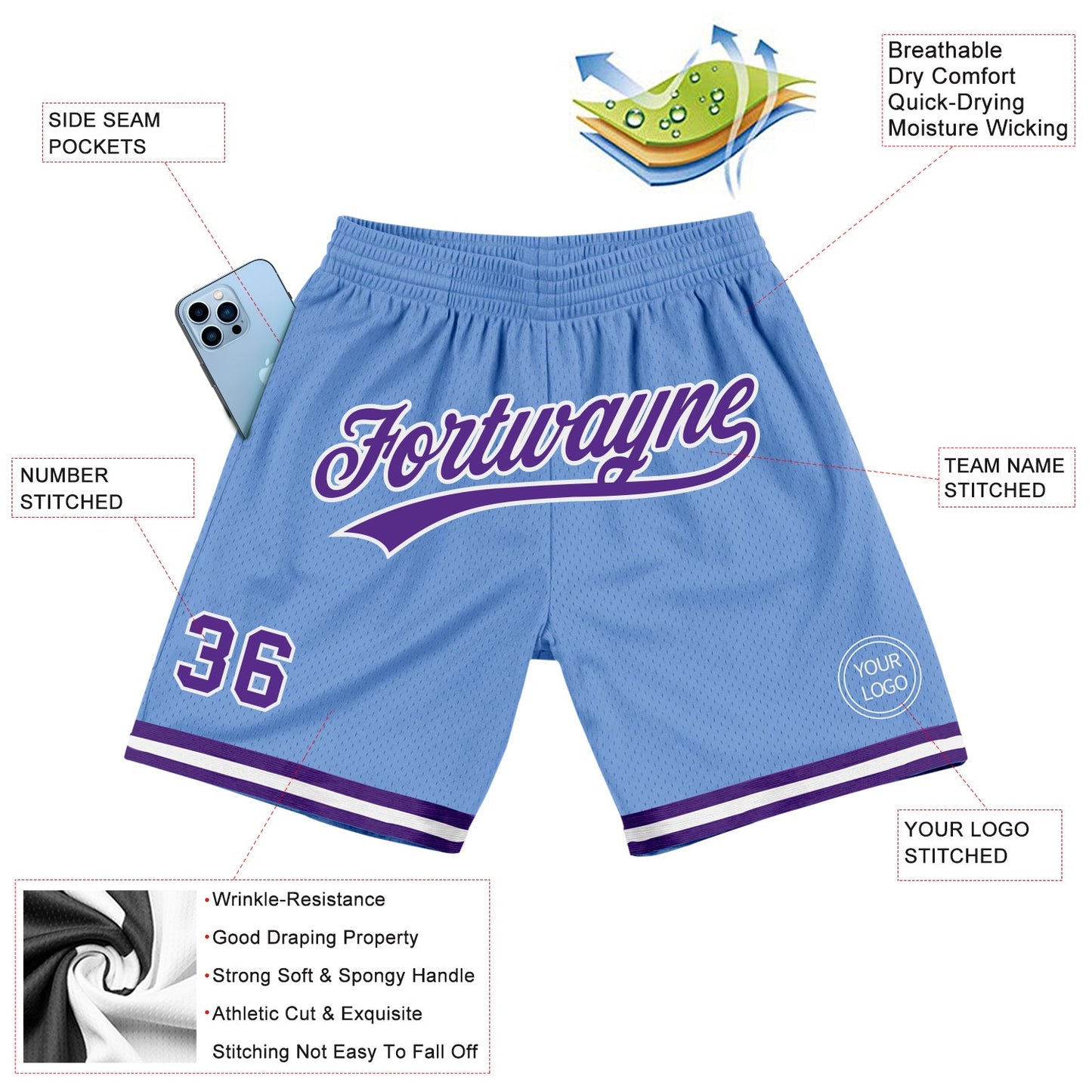 Custom Light Blue Purple-White Authentic Throwback Basketball Shorts