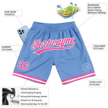 Custom Light Blue Pink-White Authentic Throwback Basketball Shorts