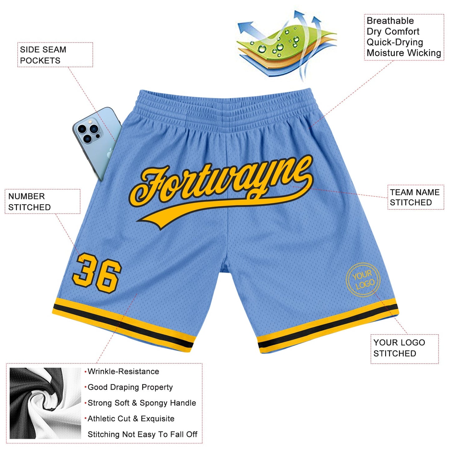 Custom Light Blue Gold-Black Authentic Throwback Basketball Shorts