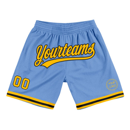 Custom Light Blue Gold-Black Authentic Throwback Basketball Shorts