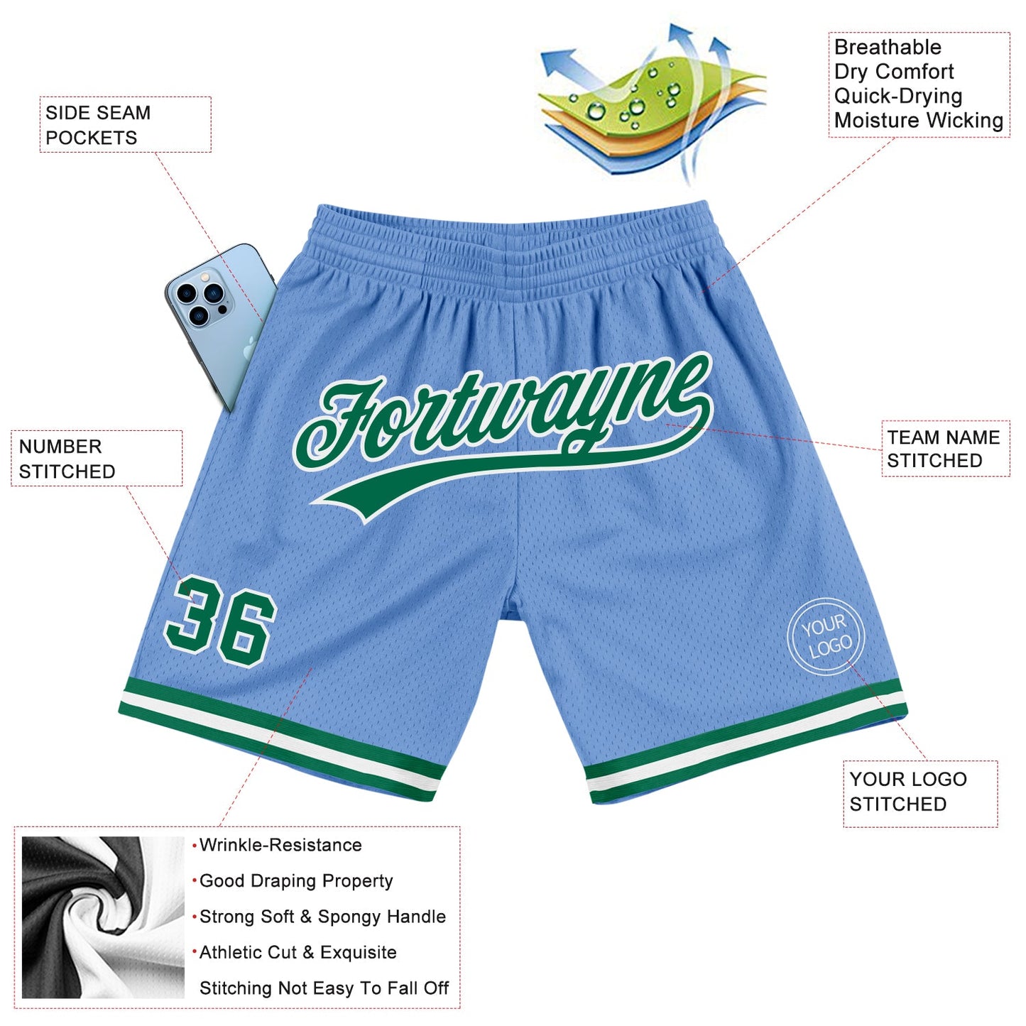 Custom Light Blue Kelly Green-White Authentic Throwback Basketball Shorts