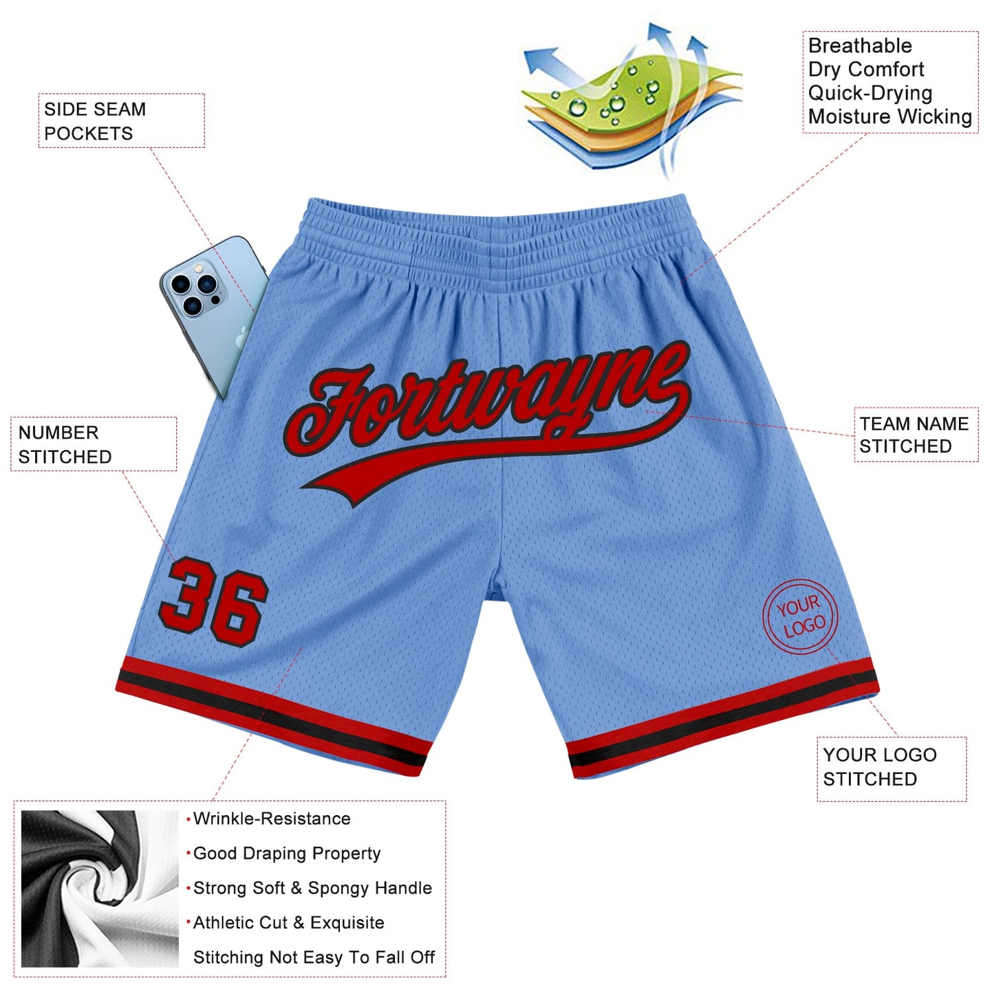 Custom Light Blue Red-Black Authentic Throwback Basketball Shorts