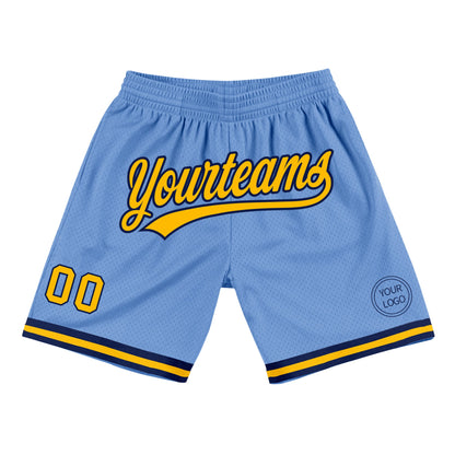 Custom Light Blue Gold-Navy Authentic Throwback Basketball Shorts