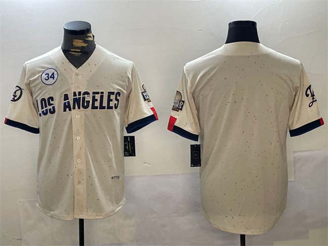 Los Angeles Dodgers Blank Cream 2024 World Series With No. 34 Patch Limited Stitched Baseball Jersey