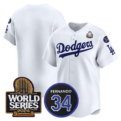 Los Angeles Dodgers Blank White 2024 World Series With Fernando Memorial Patch Limited Stitched Baseball Jersey