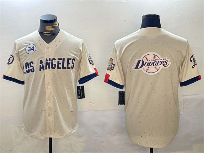 Los Angeles Dodgers Team Big Logo Cream 2024 World Series With No. 34 Patch Limited Stitched Baseball Jersey