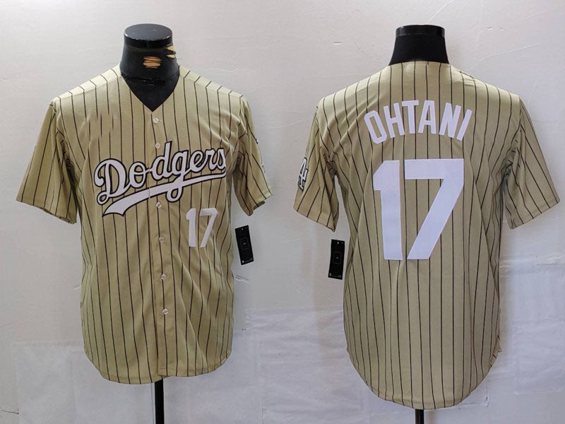 Los Angeles Dodgers #17 Shohei Ohtani Number Cream Pinstripe Cool Base Stitched Baseball Jerseys