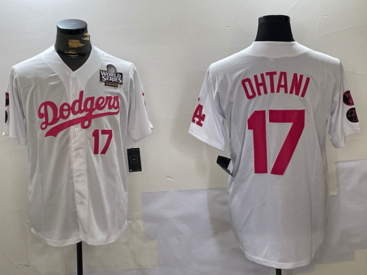 Los Angeles Dodgers #17 Shohei Ohtani Number White Pink 2024 World Series Limited Cool Base Stitched Baseball Jersey