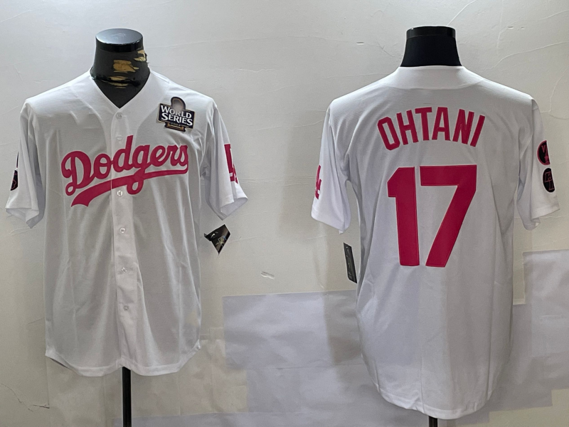 Los Angeles Dodgers #17 Shohei Ohtani Number White Pink 2024 World Series Limited Cool Base Stitched Baseball Jersey