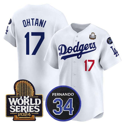 Los Angeles Dodgers #17 Shohei Ohtani White 2024 World Series With Fernando Memorial Patch Limited Stitched Baseball Jersey