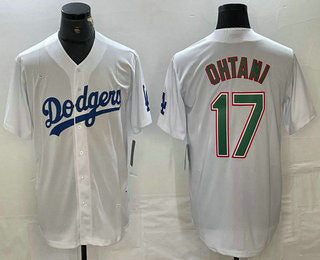 Los Angeles Dodgers #17 Shohei Ohtani White Green Stitched Cool Base Jerseys Baseball Jersey
