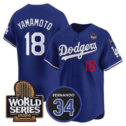 Los Angeles Dodgers #18 Yoshinobu Yamamoto Royal 2024 World Series With Fernando Memorial Patch Limited Stitched Baseball Jersey