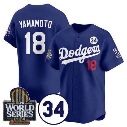 Los Angeles Dodgers #18 Yoshinobu Yamamoto Royal 2024 World Series With No. 34 Patch Cool Base Stitched Baseball Jersey