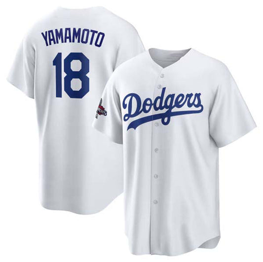 Los Angeles Dodgers #18 Yoshinobu Yamamoto White 2024 World Series Champions Home Stitched Baseball Jersey