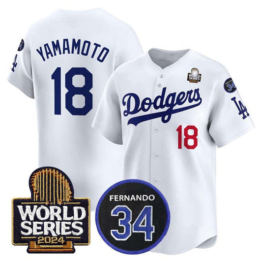 Los Angeles Dodgers #18 Yoshinobu Yamamoto White 2024 World Series With Fernando Memorial Patch Limited Stitched Baseball Jersey