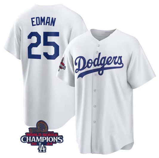 Los Angeles Dodgers #25 Tommy Edman White 2024 World Series Champions Cool Base Stitched Baseball Jersey