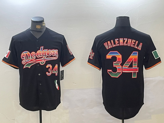 Los Angeles Dodgers #34 Fernando Valenzuela Black Rainbow Mexico Cool Base Stitched Fashion Baseball Jersey