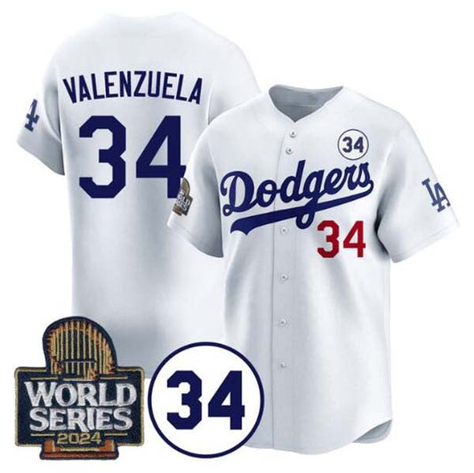 Los Angeles Dodgers #34 Toro Valenzuela White 2024 World Series With No. 34 Patch Limited Stitched Baseball Jersey