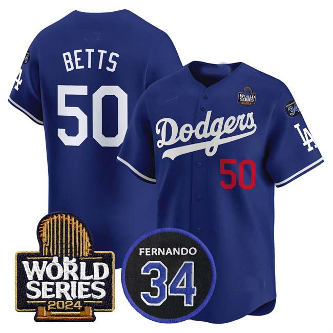 Los Angeles Dodgers #50 Mookie Betts Royal 2024 World Series With Fernando Memorial Patch Limited Stitched Baseball Jersey