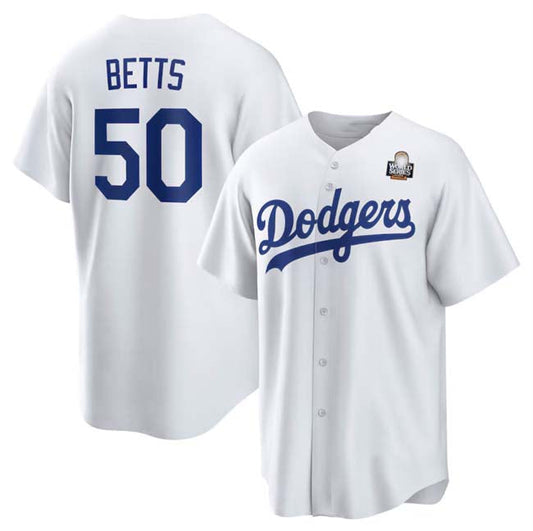 Los Angeles Dodgers #50 Mookie Betts White 2024 World Series Cool Base Stitched Baseball Jersey