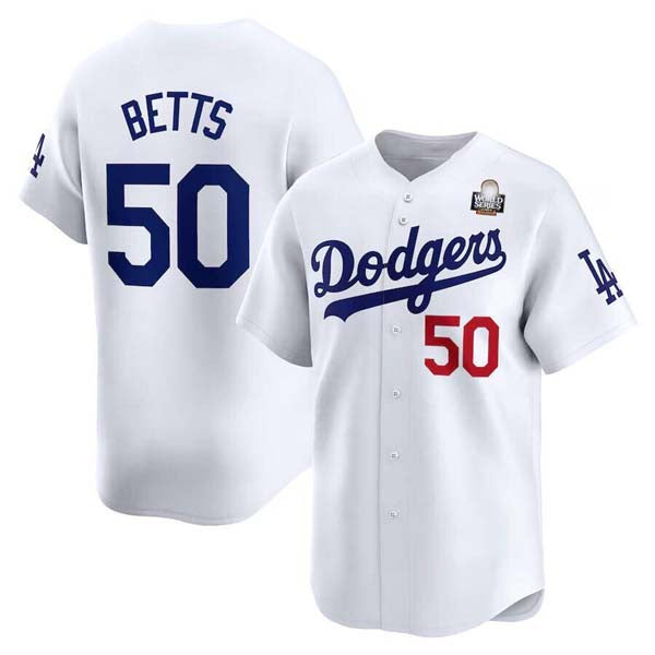 Los Angeles Dodgers #50 Mookie Betts White 2024 World Series Home Limited Cool Base Stitched Baseball Jersey