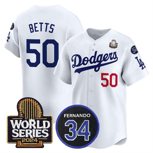 Los Angeles Dodgers #50 Mookie Betts White 2024 World Series With Fernando Memorial Patch Limited Stitched Baseball Jersey