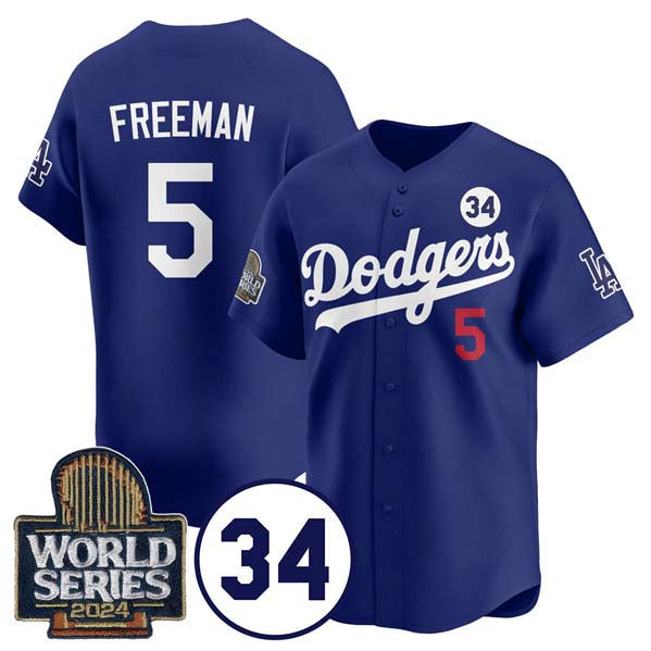 Los Angeles Dodgers #5 Freddie Freeman Royal 2024 World Series With No. 34 Patch Cool Base Stitched Baseball Jersey