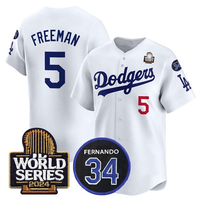 Los Angeles Dodgers #5 Freddie Freeman White 2024 World Series With Fernando Memorial Patch Limited Stitched Baseball Jersey