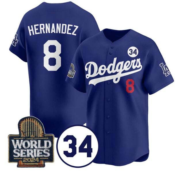 Los Angeles Dodgers #8 Enrique Hernández Royal 2024 World Series With No. 34 Patch Limited Stitched Baseball Jersey