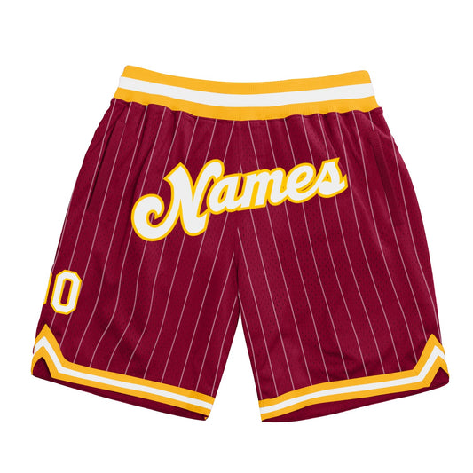 Custom Maroon White Pinstripe White-Gold Authentic Basketball Shorts