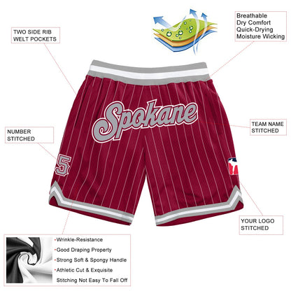 Custom Maroon White Pinstripe Gray-White Authentic Basketball Shorts