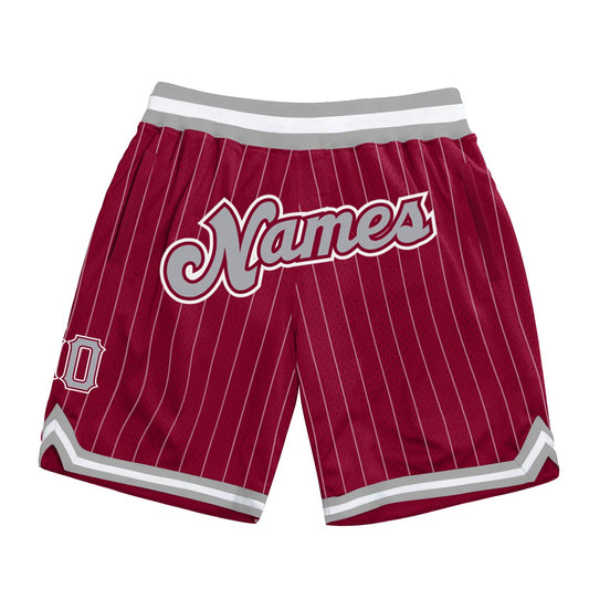 Custom Maroon White Pinstripe Gray-White Authentic Basketball Shorts