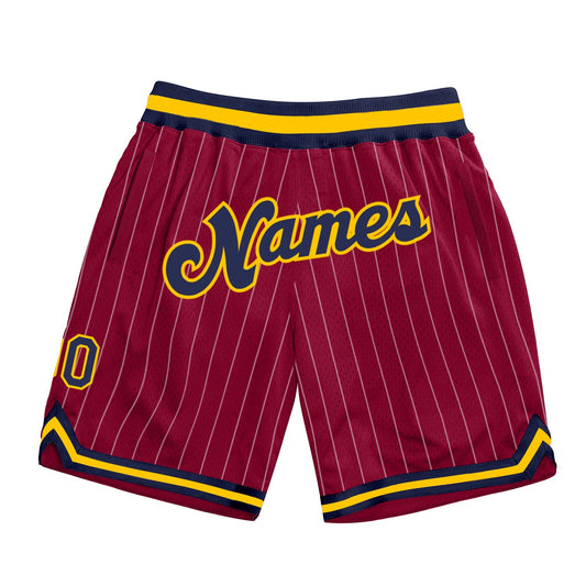 Custom Maroon White Pinstripe Navy-Gold Authentic Basketball Shorts