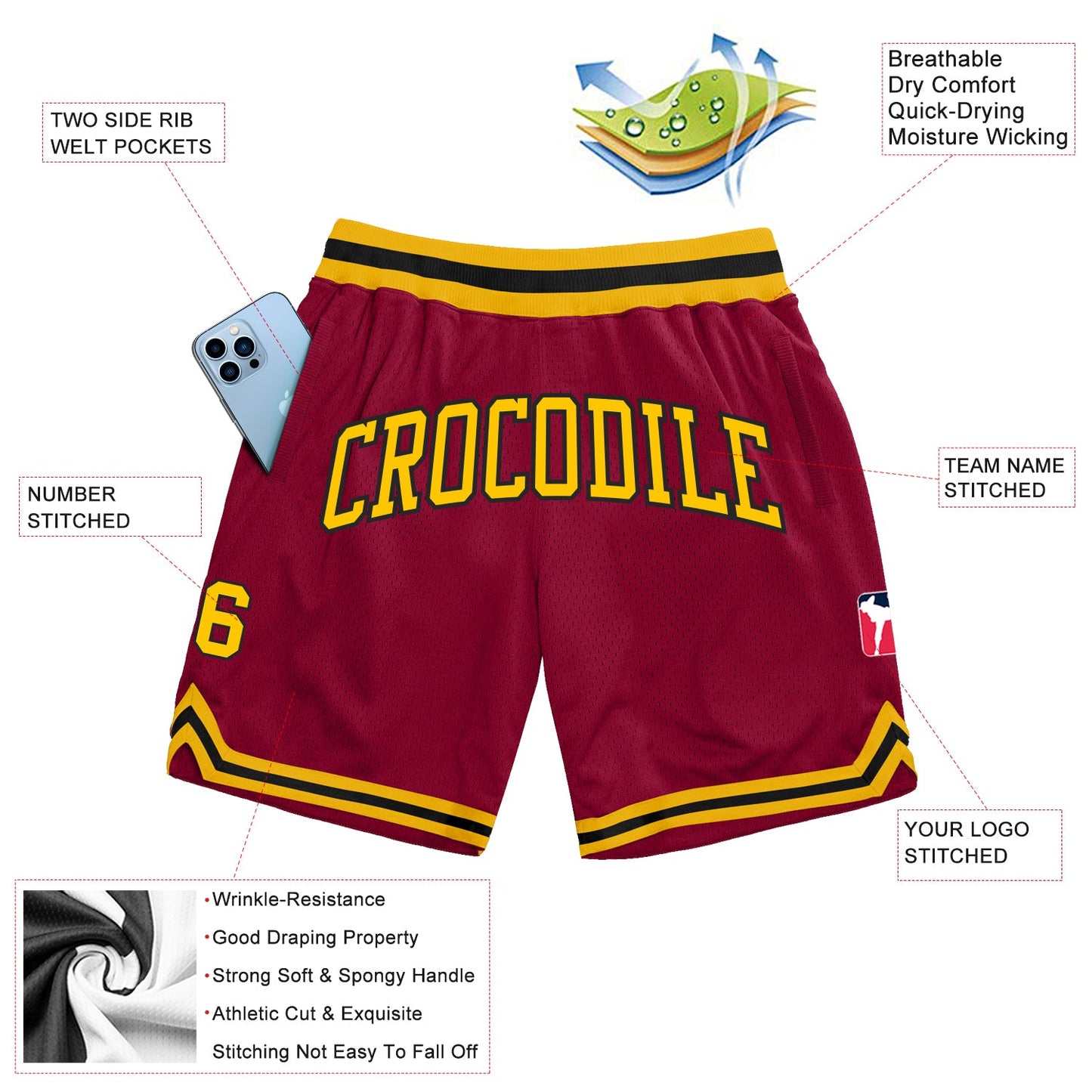 Custom Maroon Gold-Black Authentic Throwback Basketball Shorts