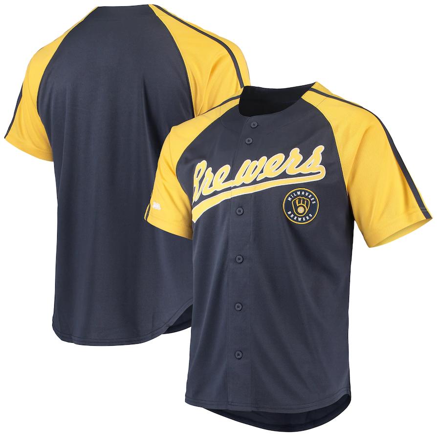 Milwaukee Brewers Navy Stitches Button-Down Raglan Replica Jersey Baseball Jersey