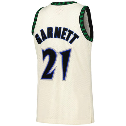 M.Timberwolves #21 Kevin Garnett Mitchell & Ness Chainstitch Swingman Jersey - Cream Stitched American Basketball Jersey