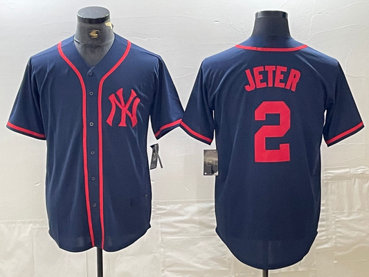 New York Yankees #2 Derek Jeter Navy Red Fashion Cool Base Baseball Jersey