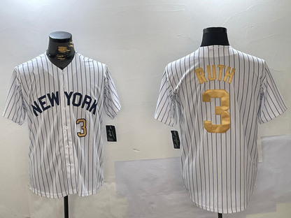 New York Yankees #3 Babe Ruth White Pinstripe Fashion Cool Base Stitched Baseball Jersey