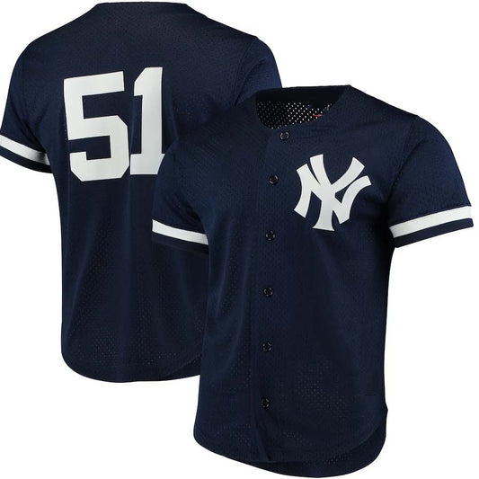 New York Yankees #51 Bernie Williams Mitchell & Ness Cooperstown Collection Mesh Batting Practice Button-Up Jersey - Navy Stitches Baseball Jerseys