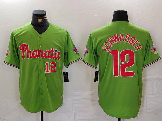 Philadelphia Phillies #12 Kyle Schwarber Number Green With Patch Stitched Cool Base Baseball Jersey