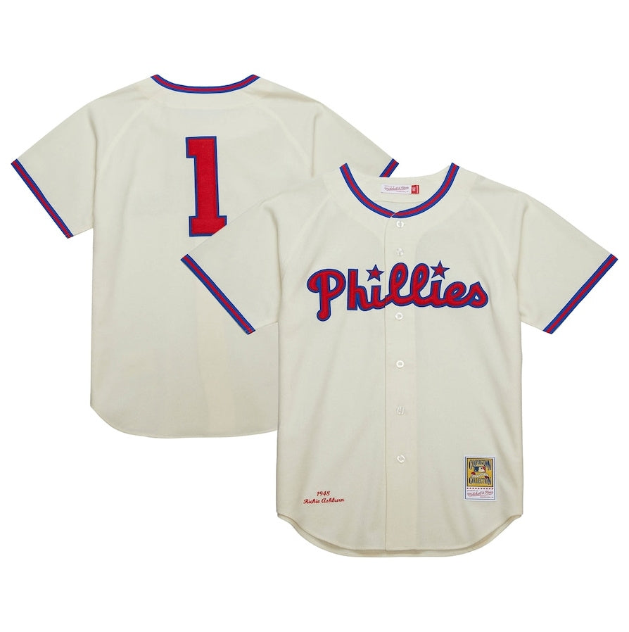 Philadelphia Phillies #1 Richie Ashburn Mitchell & Ness Cooperstown Collection 1948 Authentic Jersey - Cream Baseball Jersey