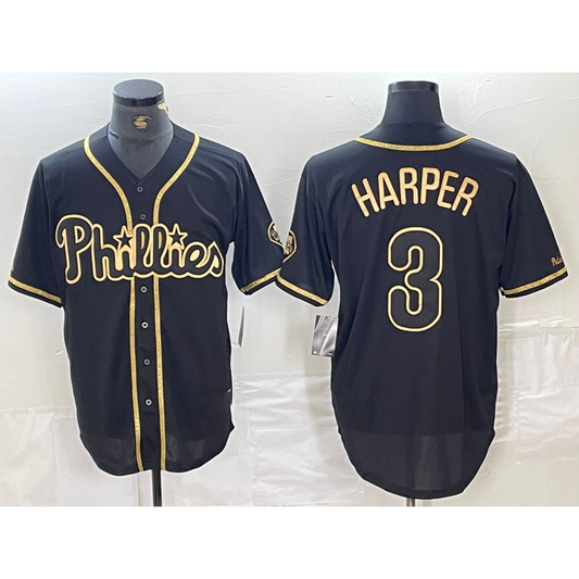 Philadelphia Phillies #3 Bryce Harper Black Gold Cool Base Stitched Baseball Jersey