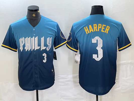 Philadelphia Phillies #3 Bryce Harper Number Blue 2024 City Connect Limited Stitched Baseball Jerseys
