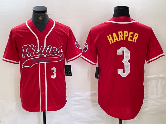 Philadelphia Phillies #3 Bryce Harper Number Red Cool Base Stitched Baseball Jerseys
