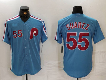 Philadelphia Phillies #55 Ranger Suarez Number Light Blue Cooperstown Cool Base Baseball Jersey