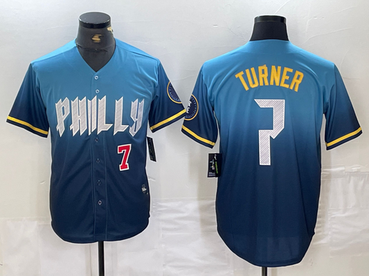 Philadelphia Phillies #7 Trea Turner Number Blue 2024 City Connect Limited Stitched Baseball Jerseys